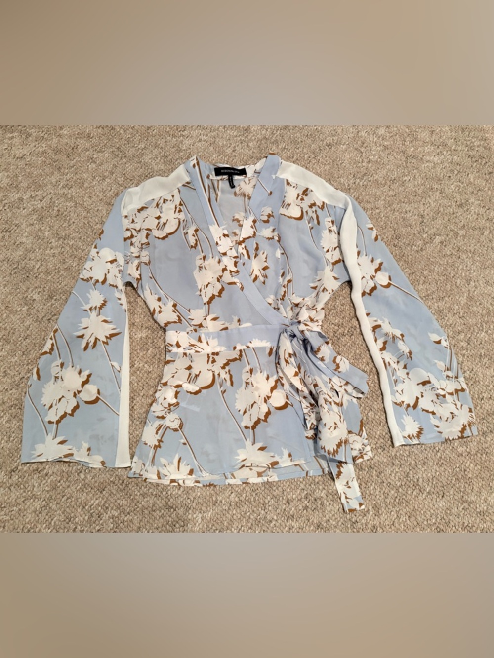 BCBGMaxAzria Light Blue Floral Wrap Top with Cream Accents